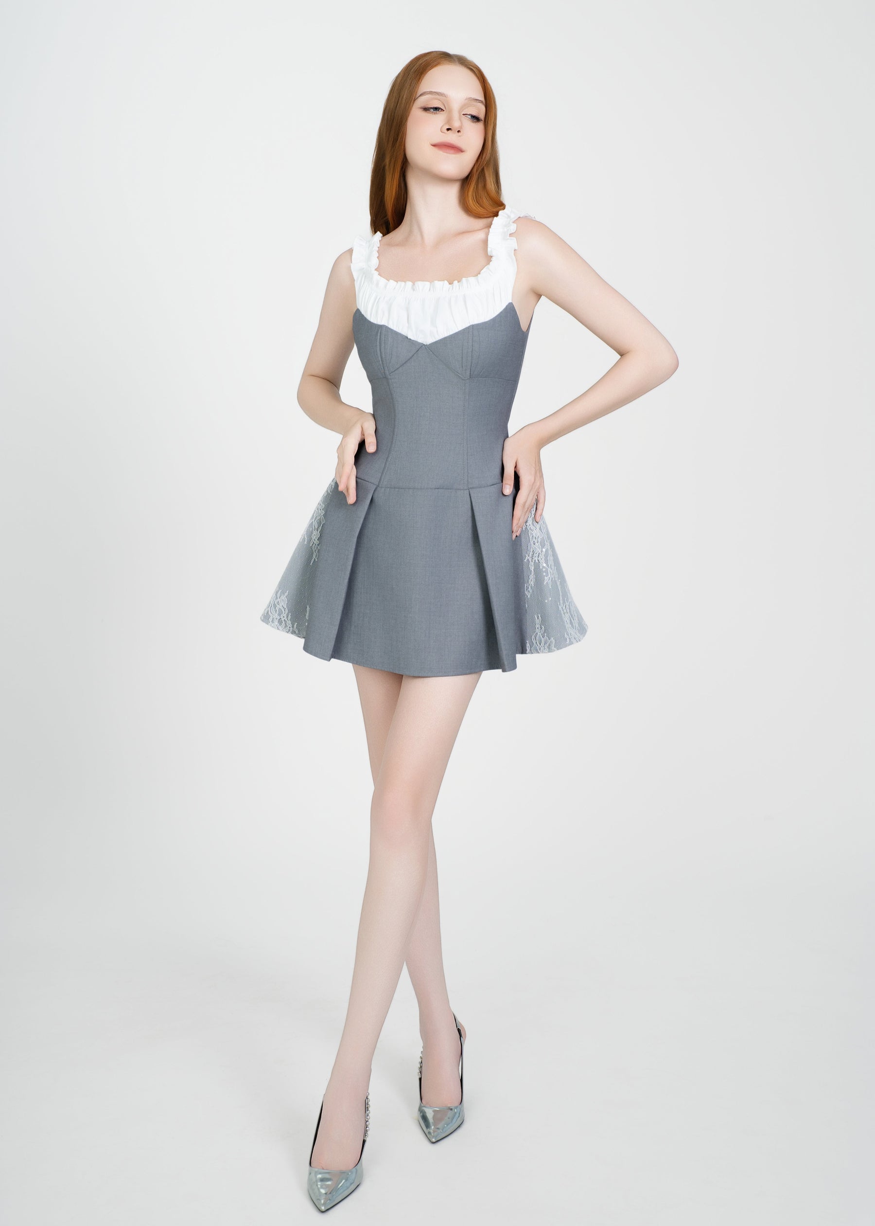 LETREND WOMEN'S PLEATED OFF‑SHOULDER DRESS – GREY