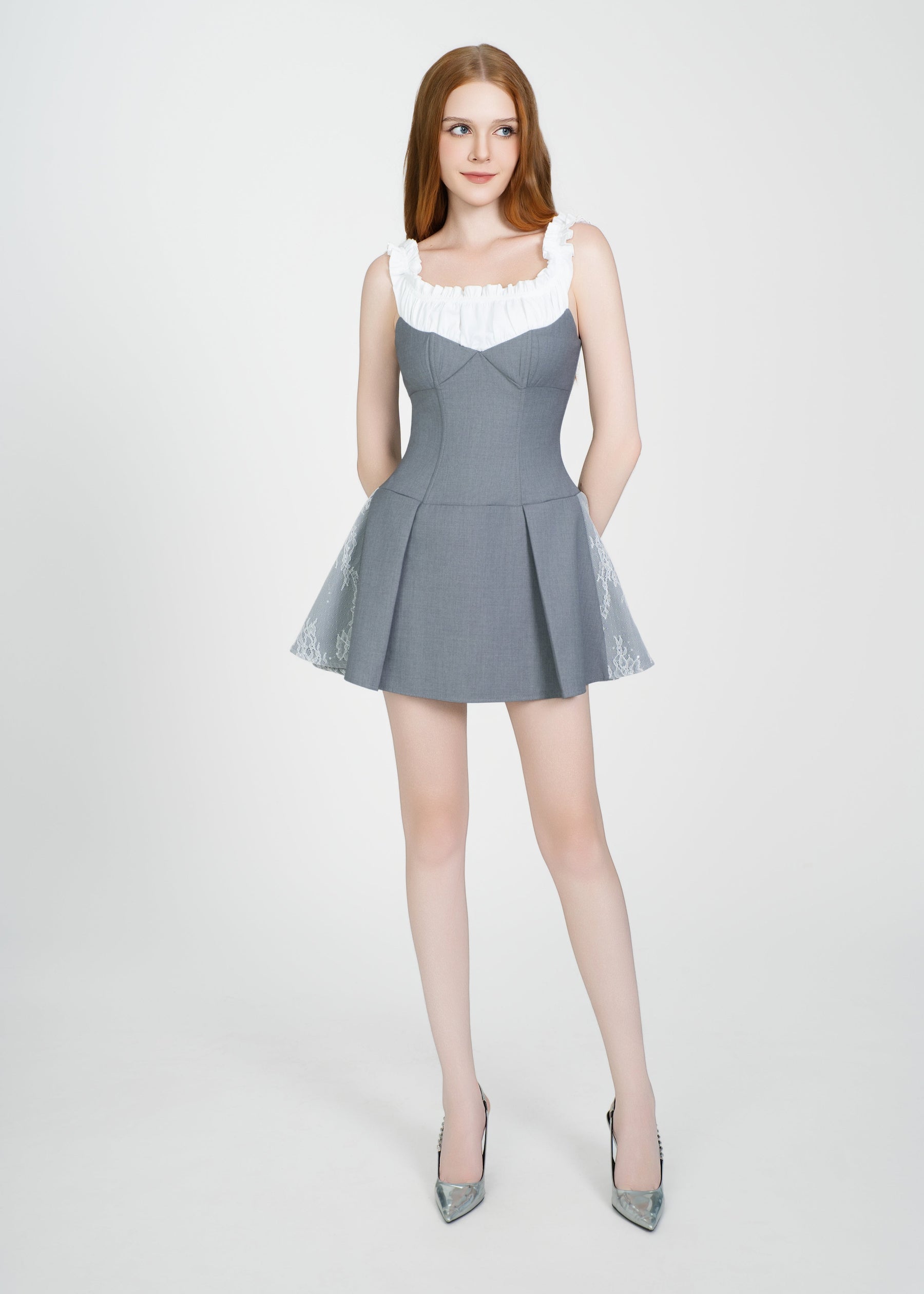 LETREND WOMEN'S PLEATED OFF‑SHOULDER DRESS – GREY