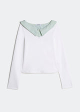 LETREND WOMEN'S CONTRAST COLLAR LONG-SLEEVE TOP – WHITE