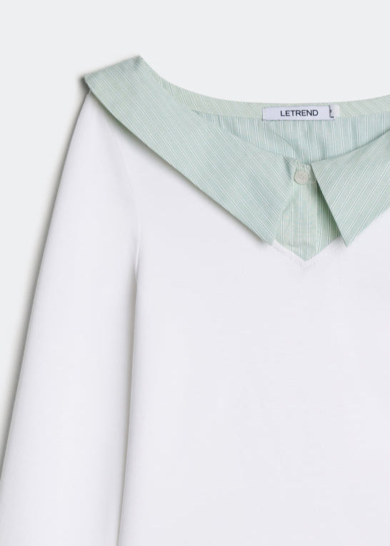 LETREND WOMEN'S CONTRAST COLLAR LONG-SLEEVE TOP – WHITE