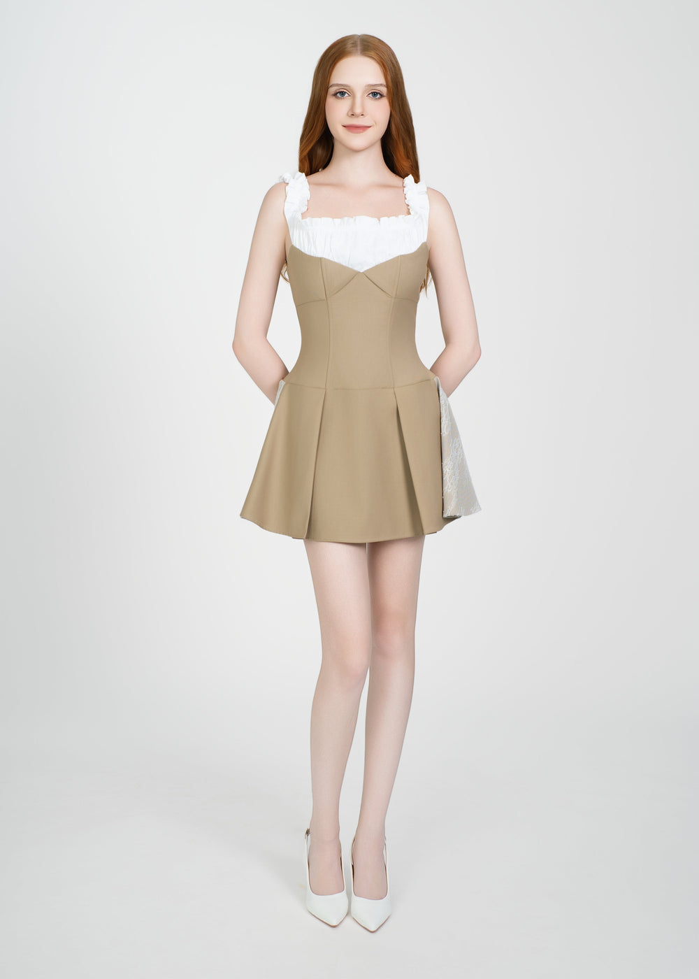 LETREND WOMEN'S PLEATED OFF‑SHOULDER DRESS – BEIGE
