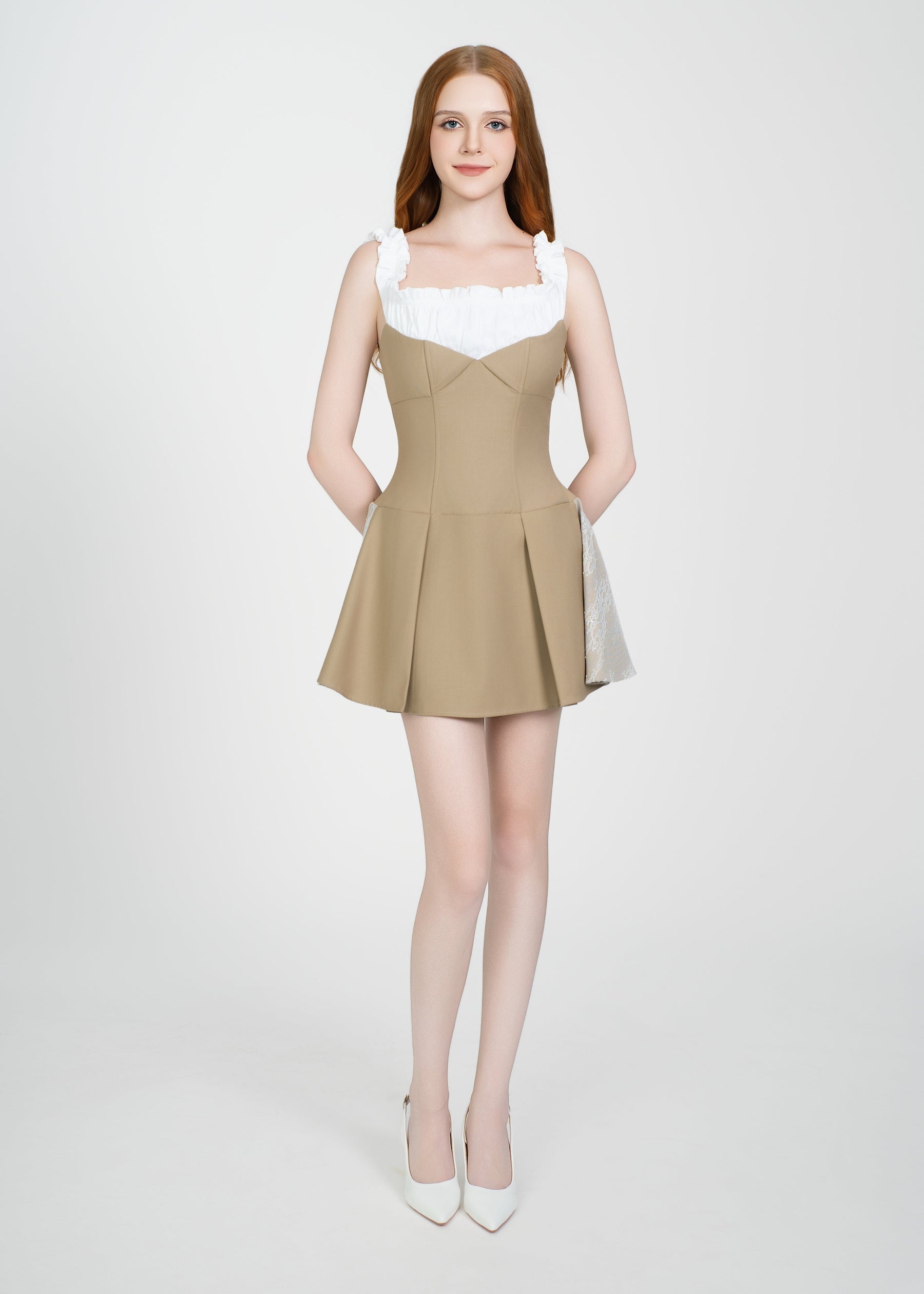 LETREND WOMEN'S PLEATED OFF‑SHOULDER DRESS – BEIGE