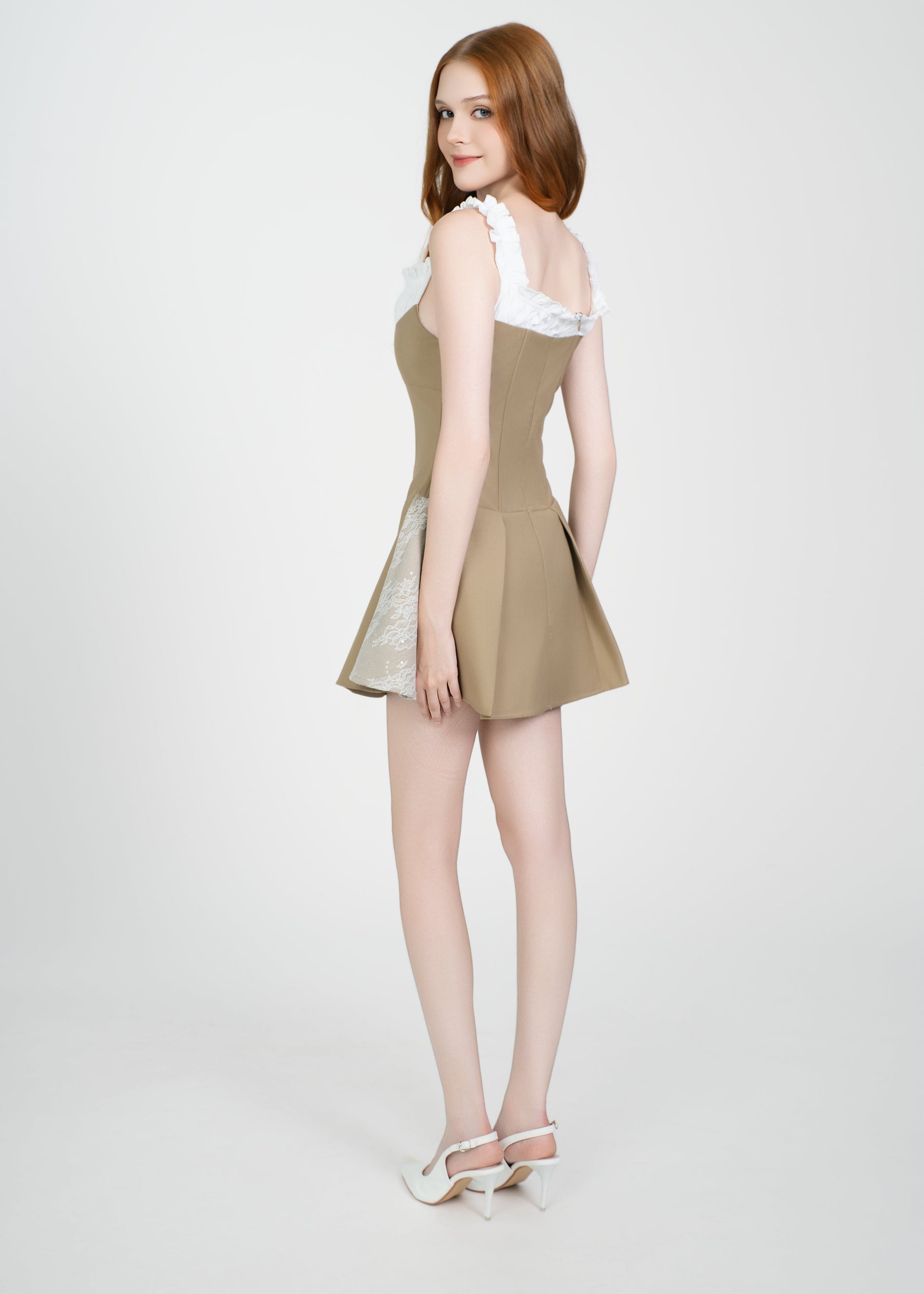 LETREND WOMEN'S PLEATED OFF‑SHOULDER DRESS – BEIGE