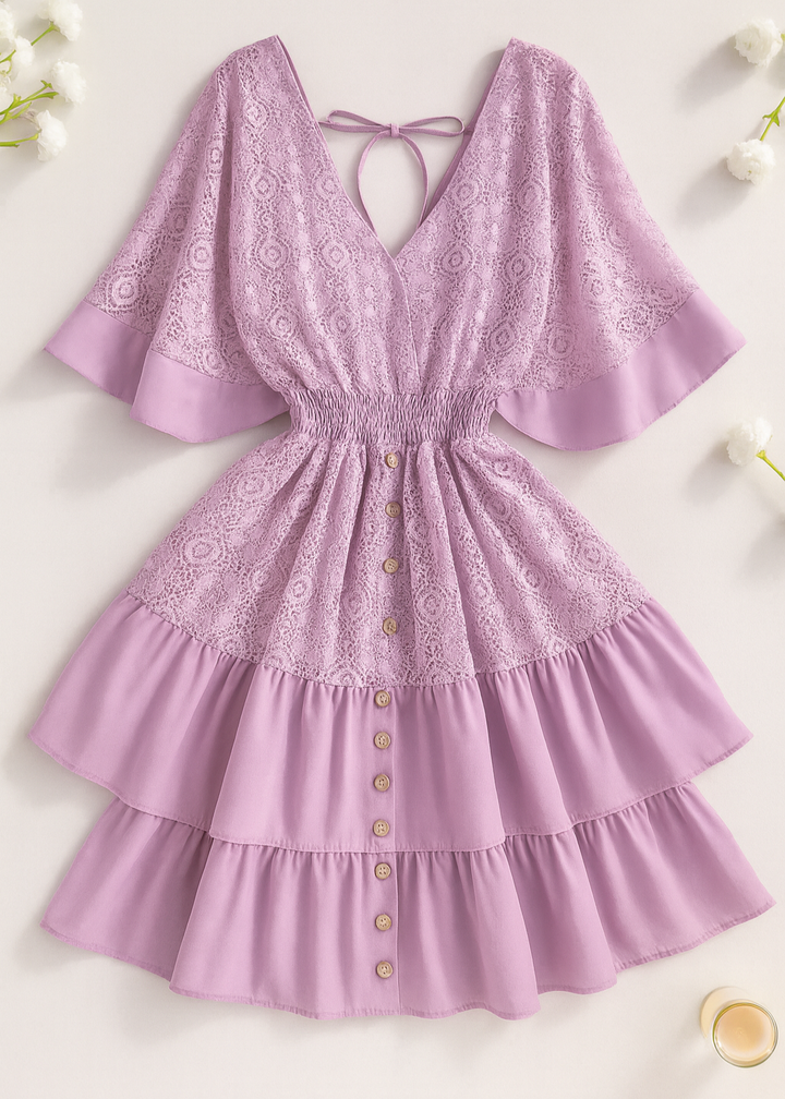 Letrend Ruffle Hem Tie Back Lace Mini Dress
